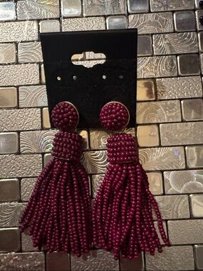Beaded Tassel Drop Earrings - Plum